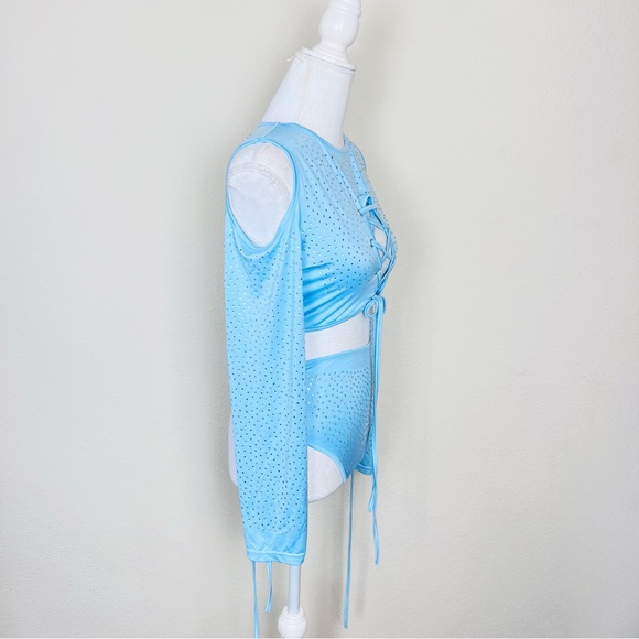 Baby Blue Rhinestone Cut Out Lace Up Long Sleeve Crop Top & Bottoms Rave Set - Picture 2 of 12